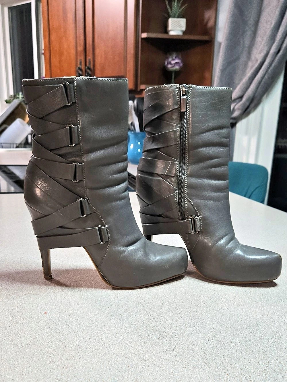 Women's Grey Strappy Heeled Boots